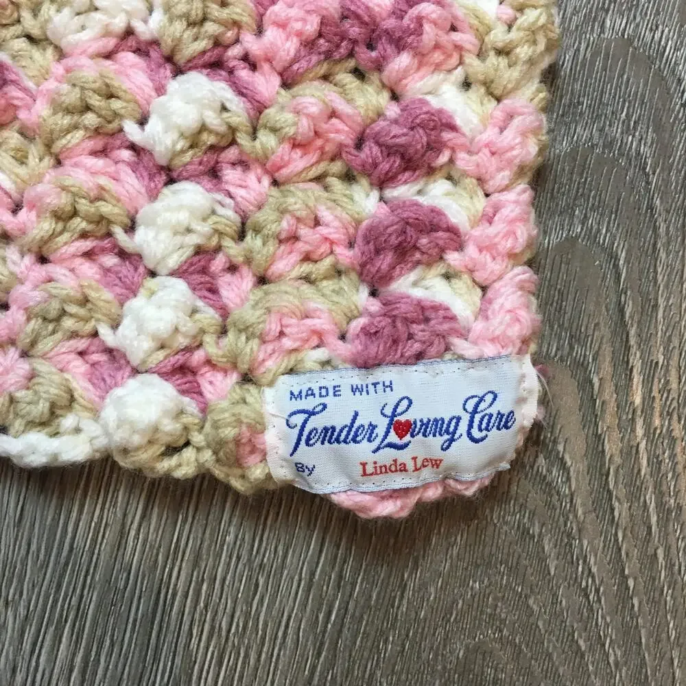 Vintage Crochet Baby Blanket Handmade Pink White Purple Crib Soft 27